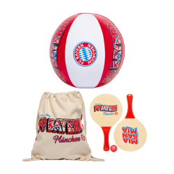 FC Bayern München Strandspiel 3er Set : Wasserball, Beach Tennis-Set mit Ball und Stoffbeutel FCB Beachball