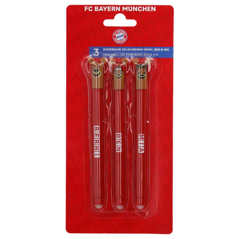 FC Bayern München Gelschreiber 3er Set - Berni, Ben, Mia - Stift | radierbar | Gelstift  - Plus 3D-Logo Aufkleber FCB