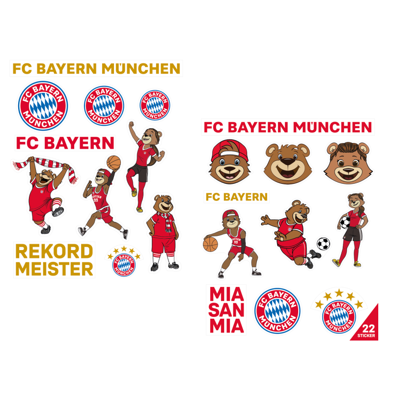 FC Bayern München 2er Set Aufkleberbogen - Maskottchen -  Aufkleber Set mit 22 Stickern FCB