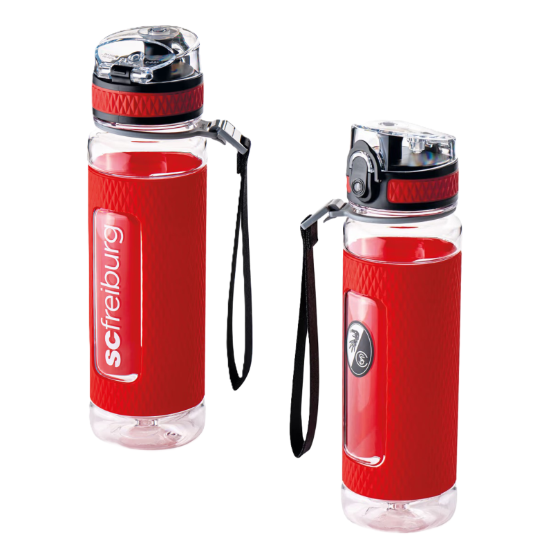 SC Freiburg Tritan Trinkflasche transparent-rot mit Silikon-Manschette 0,5 l Flasche
