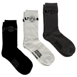 Borussia Dortmund Socken 3er Set Geschenkset Gr. 35-38 | Weiß-Grau-Schwarz | BVB 09