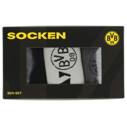 Borussia Dortmund Socken 3er Set Geschenkset Gr. 35-38 | Weiß-Grau-Schwarz | BVB 09