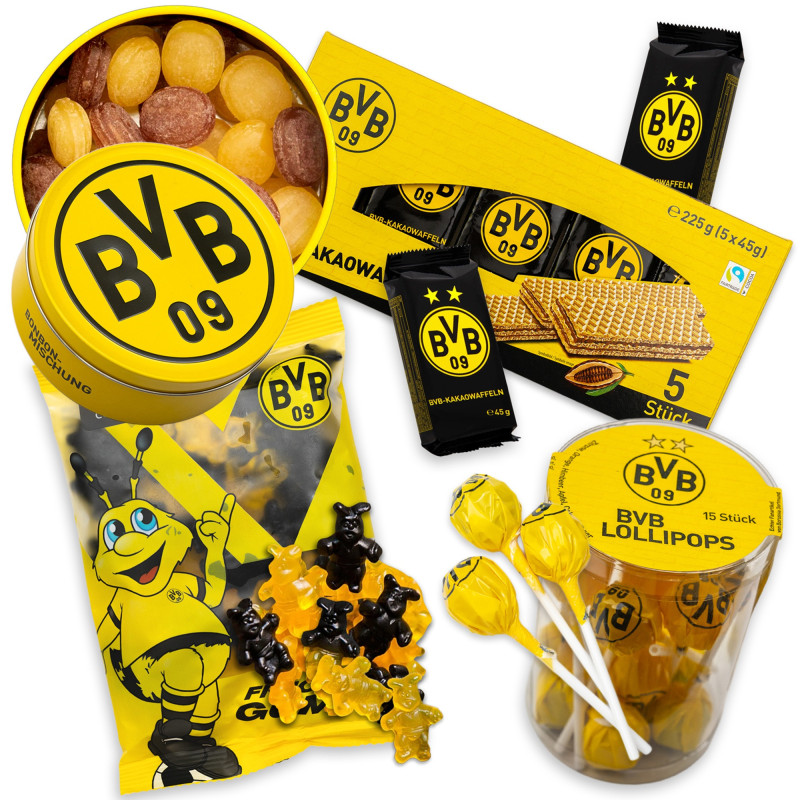 Borussia Dortmund Süßigkeiten Fan-Set: Gummibärchen + Waffeln + Lollipops + Bonbon BVB