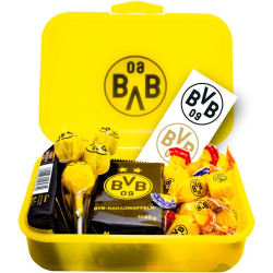 Borussia Dortmund Brotdose gefüllt mit Süßigkeiten + 3er Logo-Sticker BVB 09