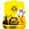 Borussia Dortmund Brotdose gefüllt mit Süßigkeiten + 3er Logo-Sticker BVB 09