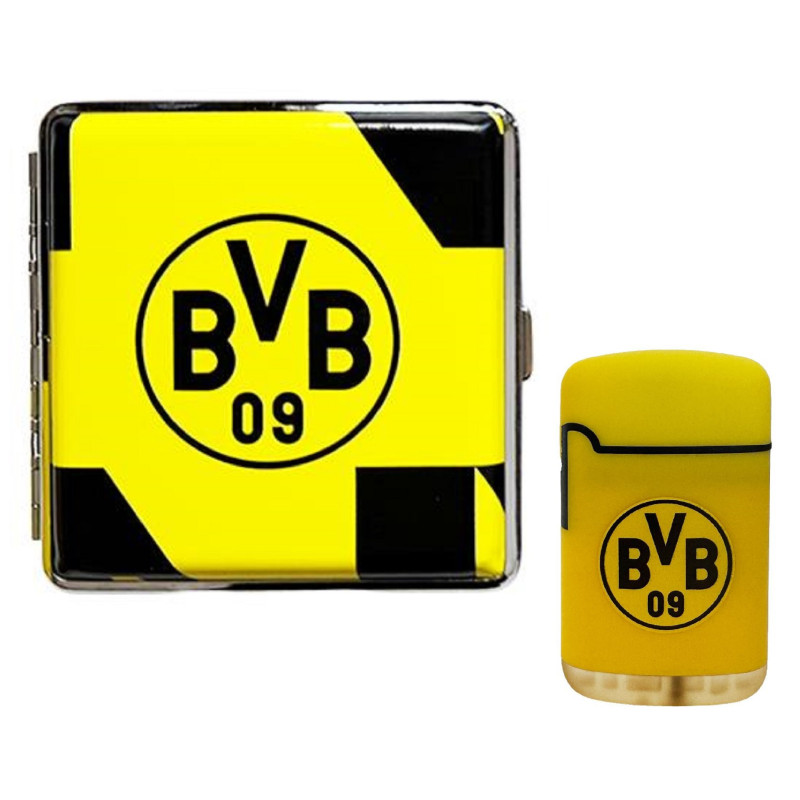 Borussia Dortmund Set Zigarettenetui + Feuerzeug Rubber gelb | Metall Etui flach BVB 09