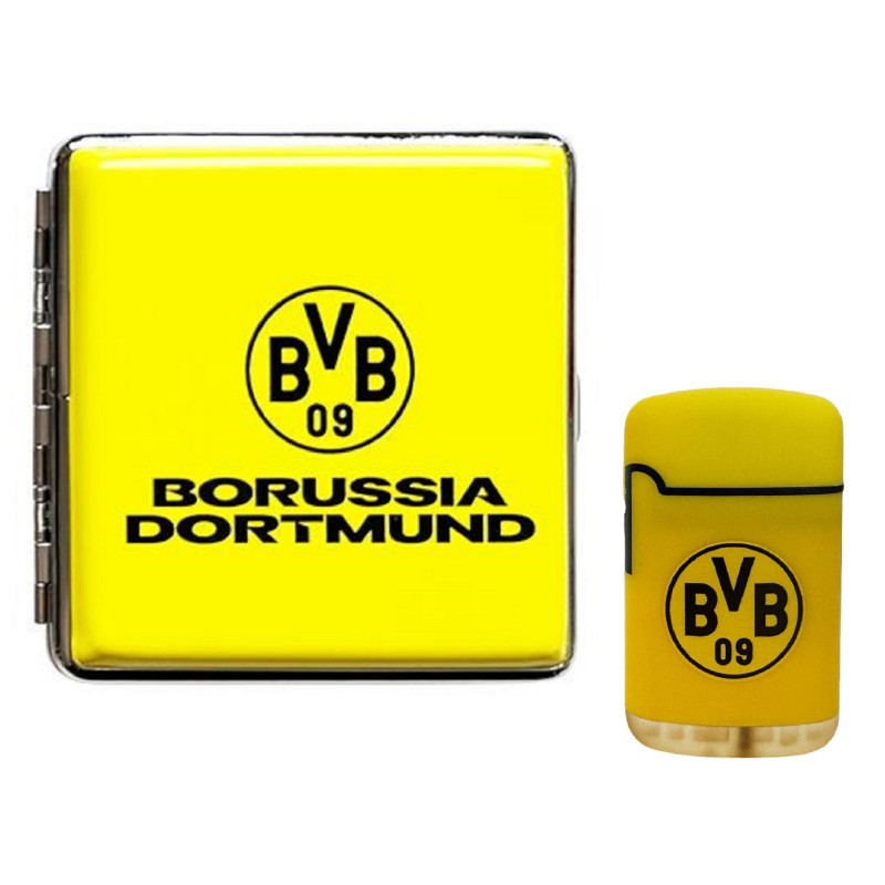 Borussia Dortmund Set Zigarettenetui Gelb + Feuerzeug Rubber gelb | Metall Etui flach BVB 09