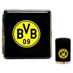 Borussia Dortmund Set Zigarettenetui Schwarz + Feuerzeug Rubber schwarz | Metall Etui flach BVB 09