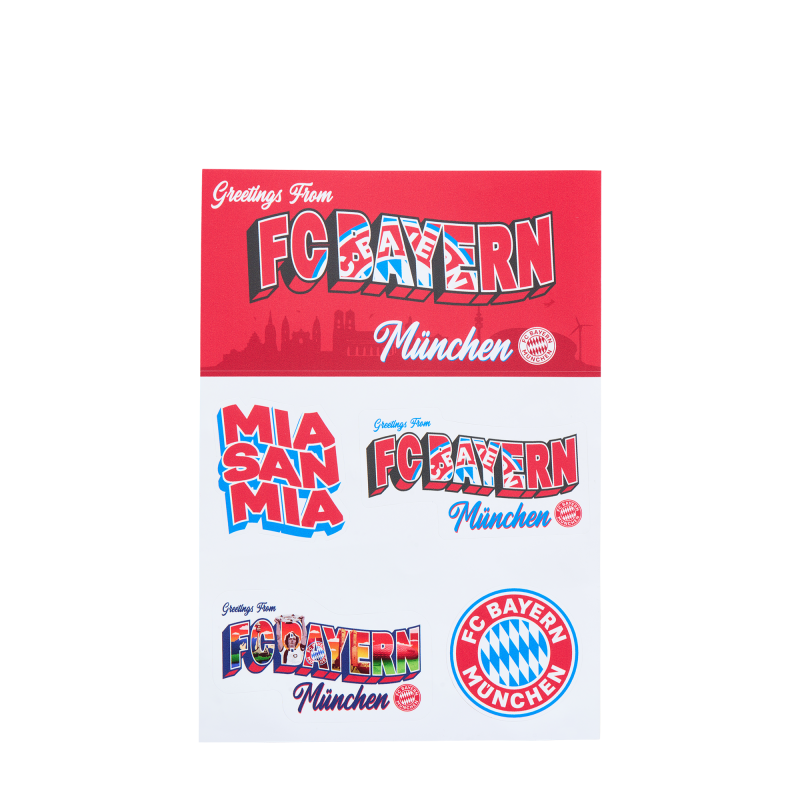 FC Bayern München Aufkleberkarte - Bunte Schriftzüge & Logo - 5er Set Aufkleber Sticker FCB