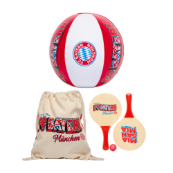 FC Bayern München Strandspiel 3er Set : Wasserball, Beach Tennis-Set mit Ball und Stoffbeutel FCB Beachball