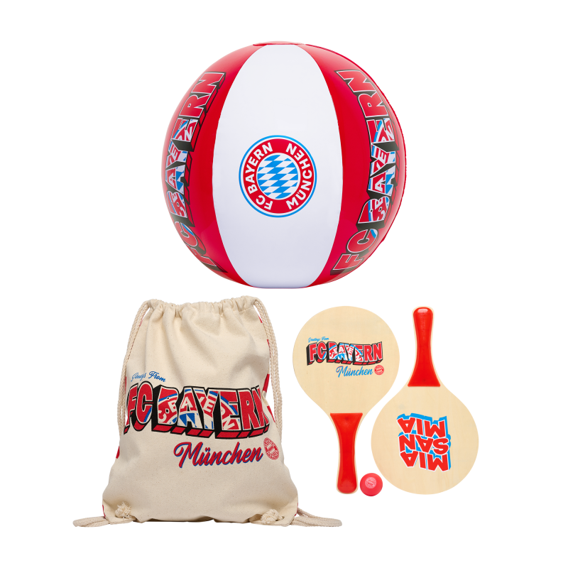 FC Bayern München Strandspiel 3er Set : Wasserball, Beach Tennis-Set mit Ball und Stoffbeutel FCB Beachball