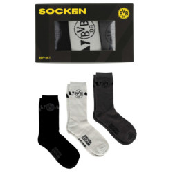 Borussia Dortmund Socken 3er Set Geschenkset Gr. 39-42 | Weiß-Grau-Schwarz | BVB 09