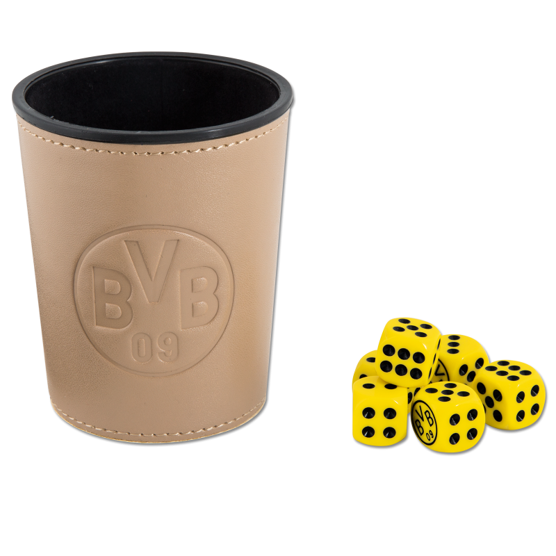 Borussia Dortmund Würfelbecher mit 6 Würfeln, Knobelbecher BVB 09